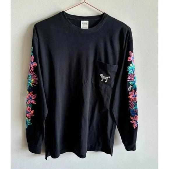 PINK Victoria Secret Womens Long Sleeve Pullover Floral Sweatshirt Black Sz XS/S - Picture 8 of 9